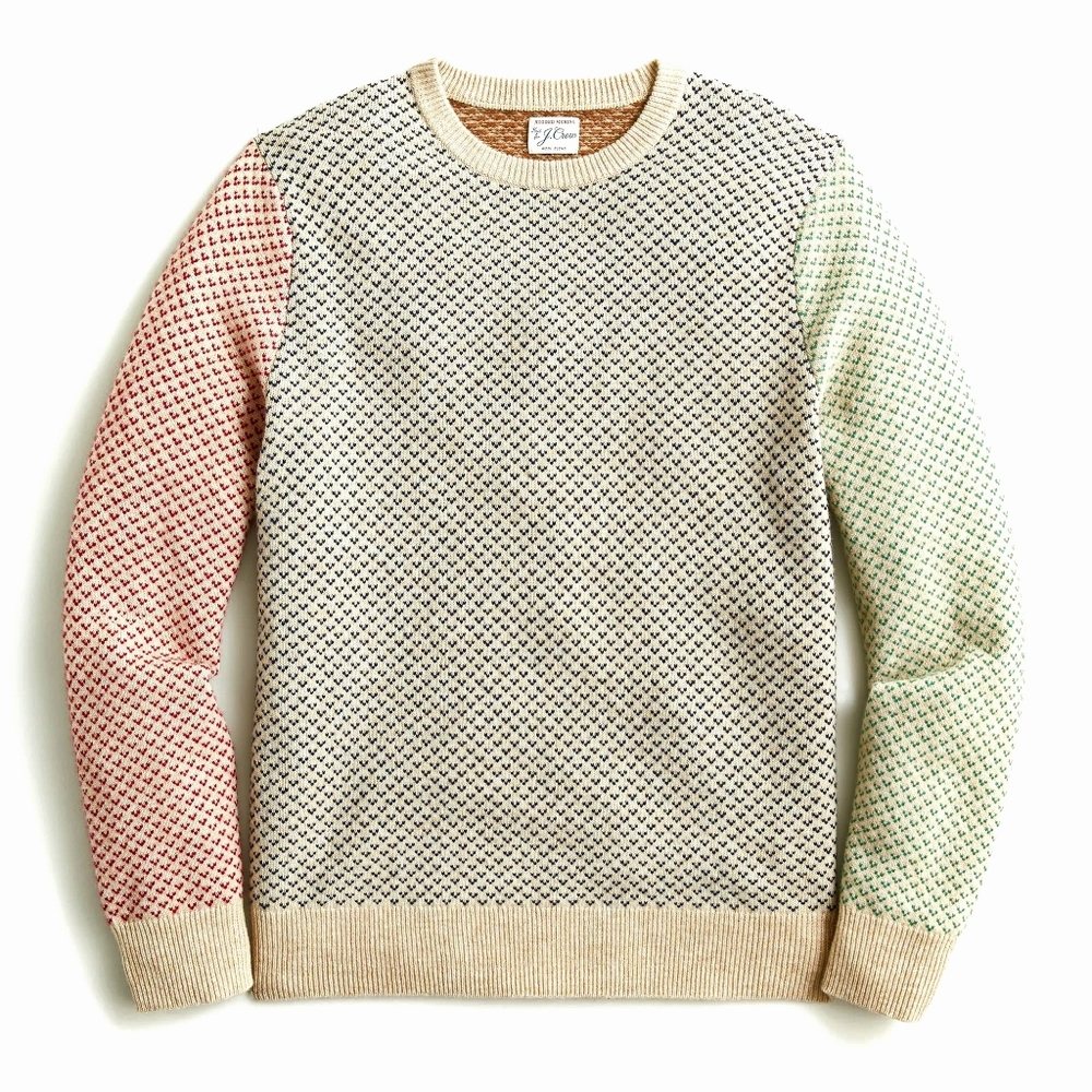 J Crew Mens Rugged Merino Wool Birds Eye Sweater Size L Multi Color block